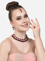 Women's Wine Color Stones and Cluster Beads Choker Necklace Earring Maangtikka with Ring Set