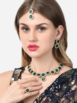 Women's Green Dazzling Stones Necklace Earring Maangtikka and Ring Set