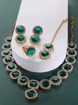Women's Green Dazzling Stones Necklace Earring Maangtikka and Ring Set