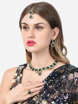 Women's Green Dazzling Stones Necklace Earring Maangtikka and Ring Set