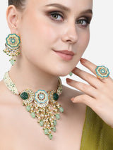 Women's Turquoise Blue Green Meenakari Cascading Waterfall Necklace Earring Ring Set
