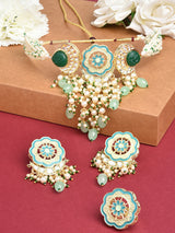 Women's Turquoise Blue Green Meenakari Cascading Waterfall Necklace Earring Ring Set