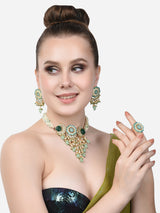 Women's Turquoise Blue Green Meenakari Cascading Waterfall Necklace Earring Ring Set