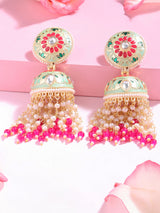 Women's Green & Pink Meenakari Floral Design Beaded Chain Fringe Jhumki Earring-ZPFK14651