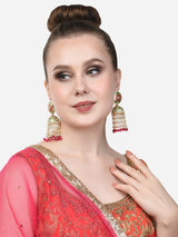 Women's Green & Pink Meenakari Floral Design Beaded Chain Fringe Jhumki Earring-ZPFK14651