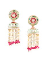 Women's Green & Pink Meenakari Floral Design Beaded Chain Fringe Jhumki Earring-ZPFK14651