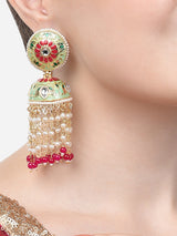 Women's Green & Pink Meenakari Floral Design Beaded Chain Fringe Jhumki Earring-ZPFK14651