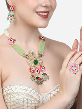 Women's Green & Pink Meenakari Floral Kundan & Beads Bridal Necklace Earring & Ring Set-ZPFK14691
