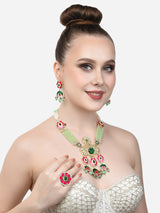 Women's Green & Pink Meenakari Floral Kundan & Beads Bridal Necklace Earring & Ring Set-ZPFK14691