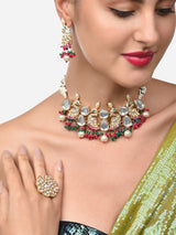 Women's Rani Pink & Green Cluster Beads Kundan Peacock Inspired Choker Necklace Earring & Ring Set-ZPFK14811