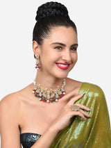 Women's Rani Pink & Green Cluster Beads Kundan Peacock Inspired Choker Necklace Earring & Ring Set-ZPFK14811
