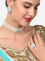 Women's Grey Stones Multistrand Pearls Choker Necklace Earring & Ring Set-ZPFK14819
