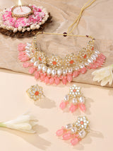Women's Pink Stones & Layer Cluster Beads Kundan Flowers Choker Necklace Earring & Ring Set-ZPFK14833
