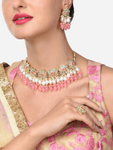 Women's Pink Stones & Layer Cluster Beads Kundan Flowers Choker Necklace Earring & Ring Set-ZPFK14833