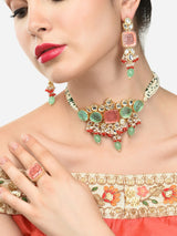 Women's Multicolor Stones Beads Multistrand Beaded Kundan Choker Necklace Earring and Ring Set