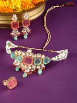 Women's Multicolor Stones Beads Multistrand Beaded Kundan Choker Necklace Earring and Ring Set