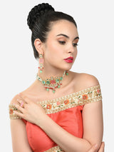 Women's Multicolor Stones Beads Multistrand Beaded Kundan Choker Necklace Earring and Ring Set