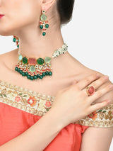 Women's Multicolor Multistrand Beaded Kundan Choker Necklace Earring and Ring Set