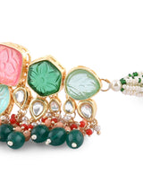 Women's Multicolor Multistrand Beaded Kundan Choker Necklace Earring and Ring Set