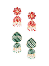 Women's Combo of 2 Green & Red Meenakari Ethnic Jhumki Earrings-ZPFK15117
