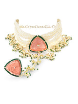 Women's Pink & Green Multistrand Pearls Bridal Hand Harness-ZPFK15150