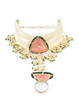 Women's Pink & Green Multistrand Pearls Bridal Hand Harness-ZPFK15150