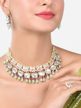 Women's Green & Pink Meenakari Lotus Kundan Necklace Earring & Ring Set-ZPFK15197