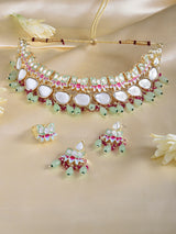 Women's Green & Pink Meenakari Lotus Kundan Necklace Earring & Ring Set-ZPFK15197