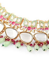 Women's Green & Pink Meenakari Lotus Kundan Necklace Earring & Ring Set-ZPFK15197