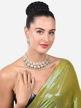 Women's Green & Pink Meenakari Lotus Kundan Necklace Earring & Ring Set-ZPFK15197