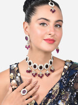 Women's Purple Stones & Beads Choker Necklace Earring Ring & Maangtikka Set-ZPFK15361