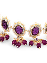 Women's Purple Stones & Beads Choker Necklace Earring Ring & Maangtikka Set-ZPFK15361