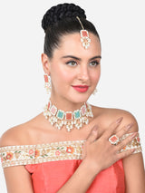 Women's Multicolor Stones & Pearls Choker Necklace Earring Maangtikka & Ring Set-ZPFK15364