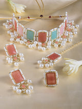 Women's Multicolor Stones & Pearls Choker Necklace Earring Maangtikka & Ring Set-ZPFK15364