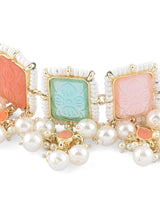 Women's Multicolor Stones & Pearls Choker Necklace Earring Maangtikka & Ring Set-ZPFK15364