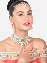 Women's Multicolor Stones & Pearls Choker Necklace Earring Maangtikka & Ring Set-ZPFK15364