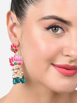 Women's Green Beads & Pink Meenakari Lotus Design Drop Earring-ZPFK15389