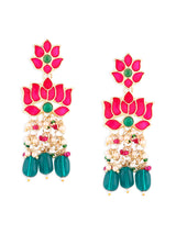 Women's Green Beads & Pink Meenakari Lotus Design Drop Earring-ZPFK15389