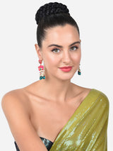 Women's Green Beads & Pink Meenakari Lotus Design Drop Earring-ZPFK15389