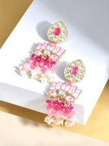 Women's Pink Meenakari Lotus Design Traditional Cluster Beads Drop Earring-ZPFK15390