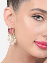 Women's Wine Color Stone Kundan Pearls Layer Drop Earring