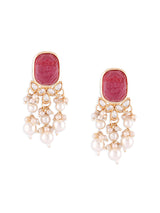 Women's Wine Color Stone Kundan Pearls Layer Drop Earring