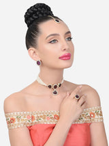 Women's Purple Stones Multistrand Pearls Choker Necklace Earring Maangtikka & Ring Set-ZPFK15453
