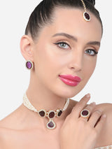 Women's Purple Stones Multistrand Pearls Choker Necklace Earring Maangtikka & Ring Set-ZPFK15453