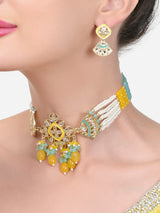Women's Turquoise & Yellow Crystal Multistrand Kundan Choker Necklace & Earring Set-ZPFK15642