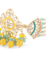 Women's Turquoise & Yellow Crystal Multistrand Kundan Choker Necklace & Earring Set-ZPFK15642