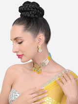 Women's Turquoise & Yellow Crystal Multistrand Kundan Choker Necklace & Earring Set-ZPFK15642