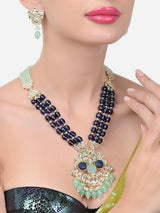Women's Green Blue Stones & Multistrand Beaded Long Kundan Necklace & Earring Set-ZPFK15643