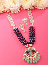 Women's Green Blue Stones & Multistrand Beaded Long Kundan Necklace & Earring Set-ZPFK15643
