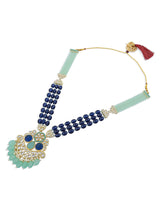 Women's Green Blue Stones & Multistrand Beaded Long Kundan Necklace & Earring Set-ZPFK15643